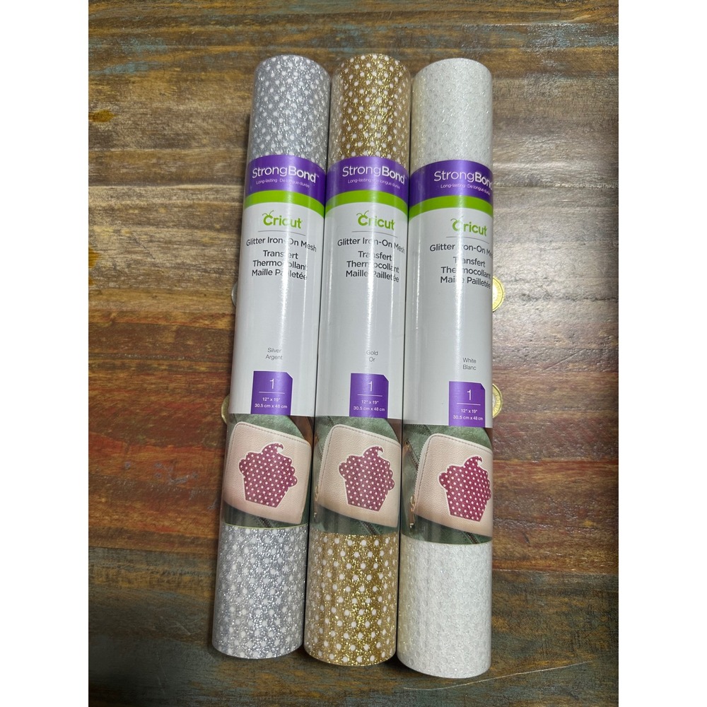 Cricut Glitter Iron-On Mesh StrongBond HTV Bundle Silver Gold White 12x19 3pk